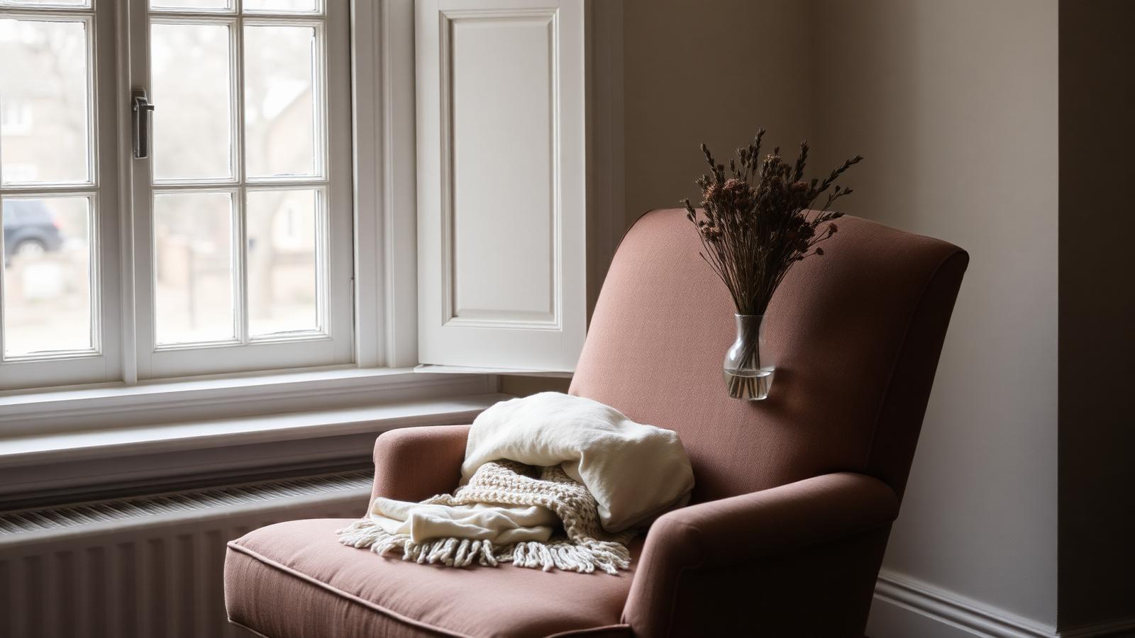 A quiet empty armchair by a window in an English home after a bereavement
