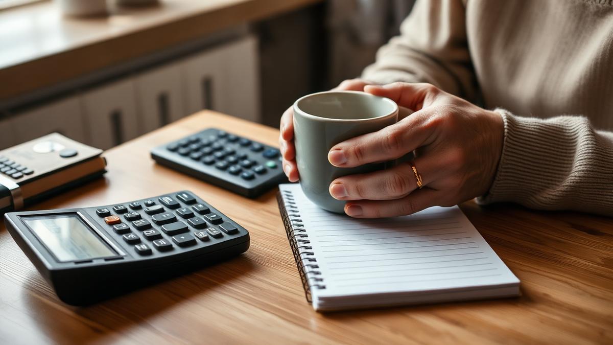 Hands holding a mug beside a calculator and notepad on a kitchen table