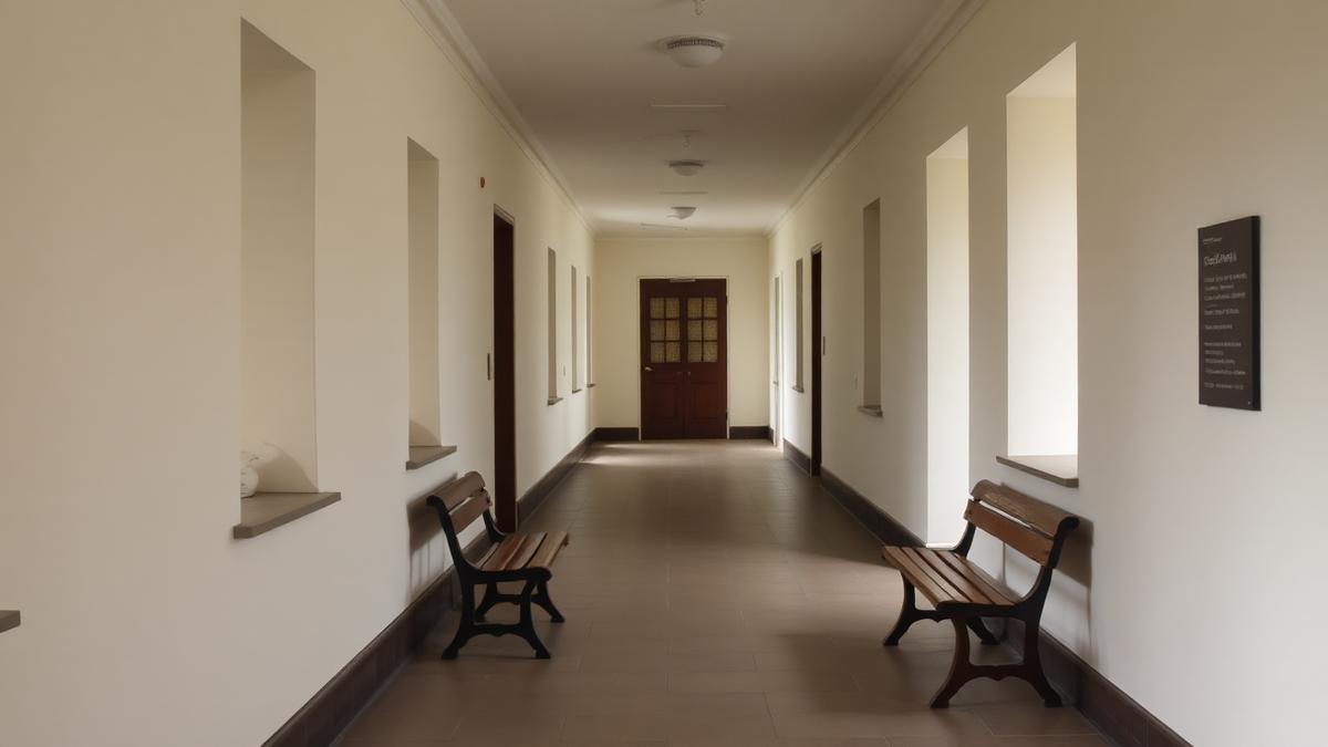 Quiet corridor of a plain British civic building with an empty wooden bench