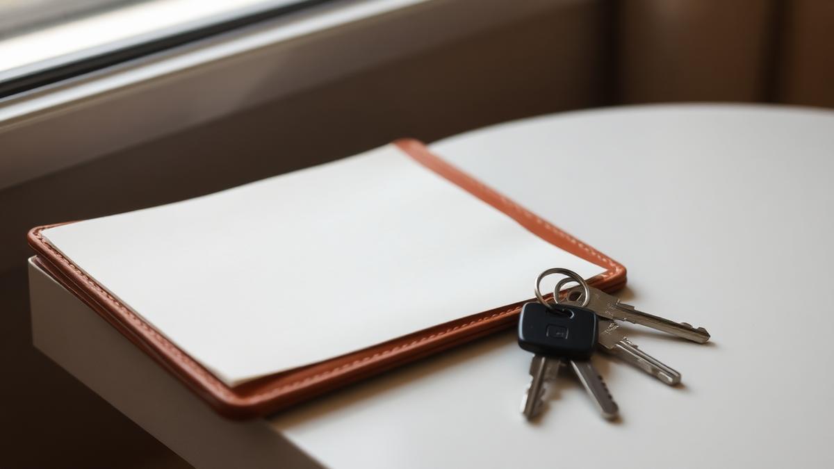 Empty document wallet and a set of house keys on a table in soft daylight
