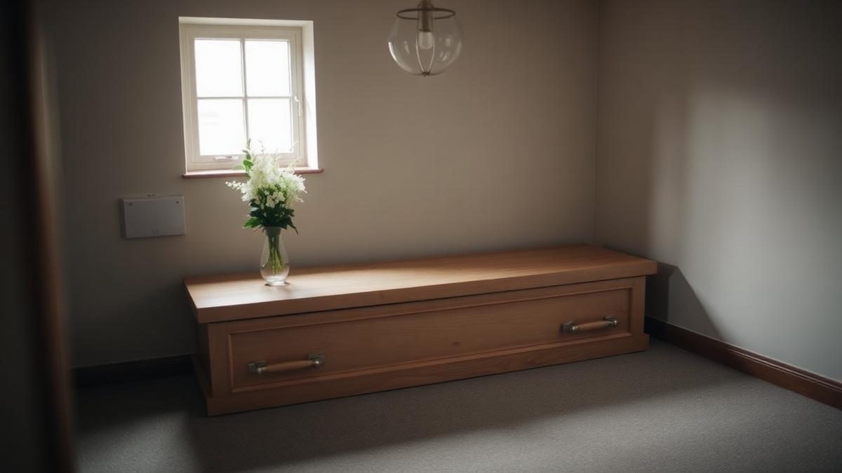 Plain wooden coffin and a vase of white flowers in a quiet British funeral home room