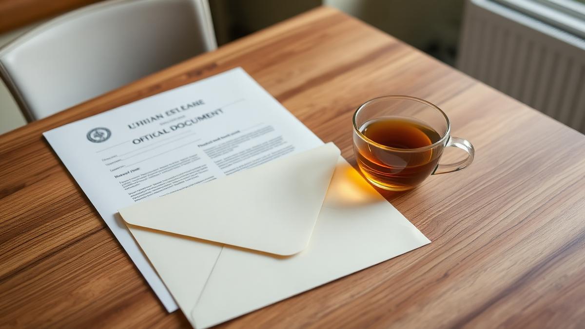 Official documents and an envelope on a kitchen table beside a cup of tea