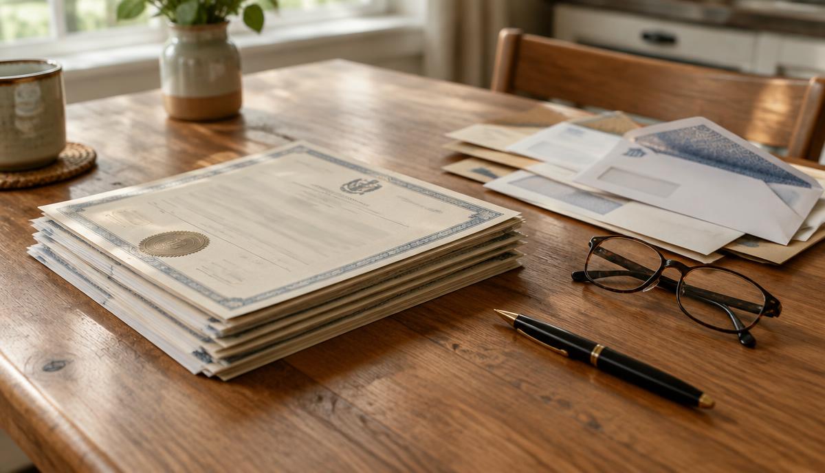 A stack of certified death certificates on a wooden table next to a pen, glasses and opened bank letters