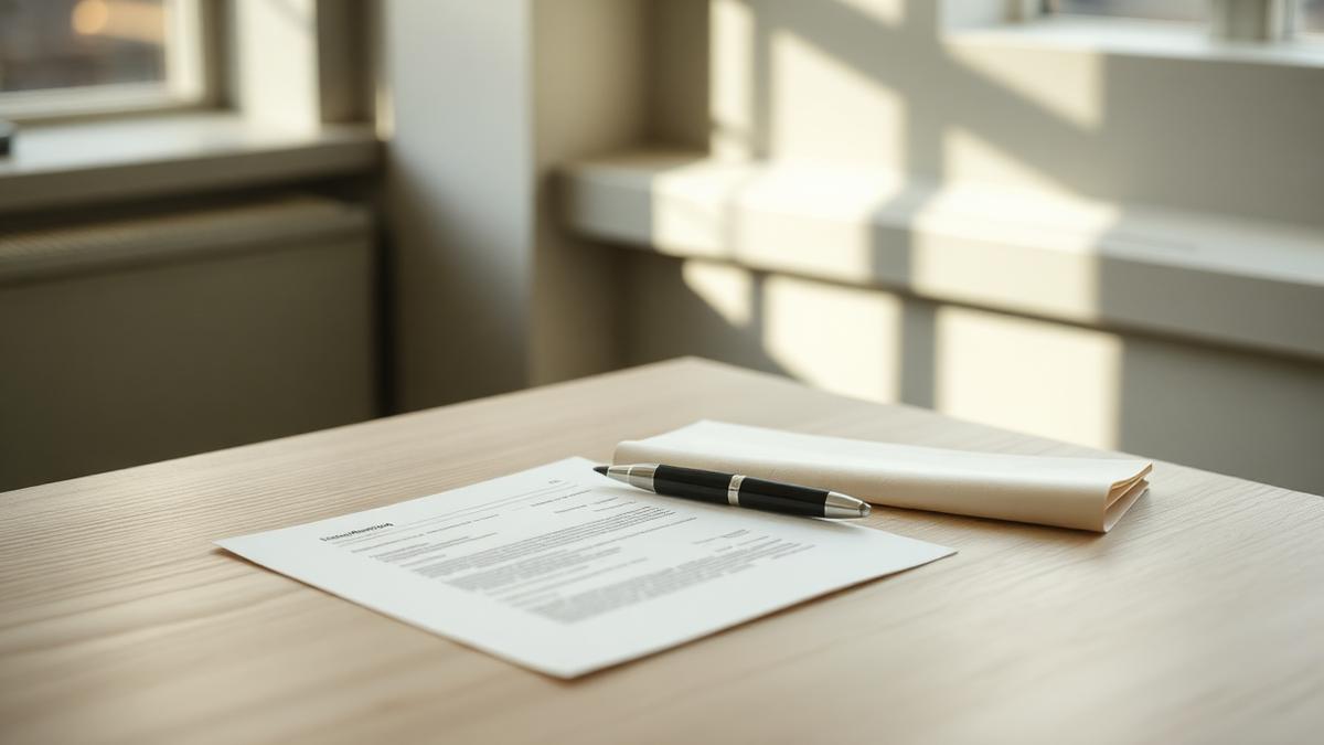 Form, pen and a folded certificate on a pale wooden desk in a register office