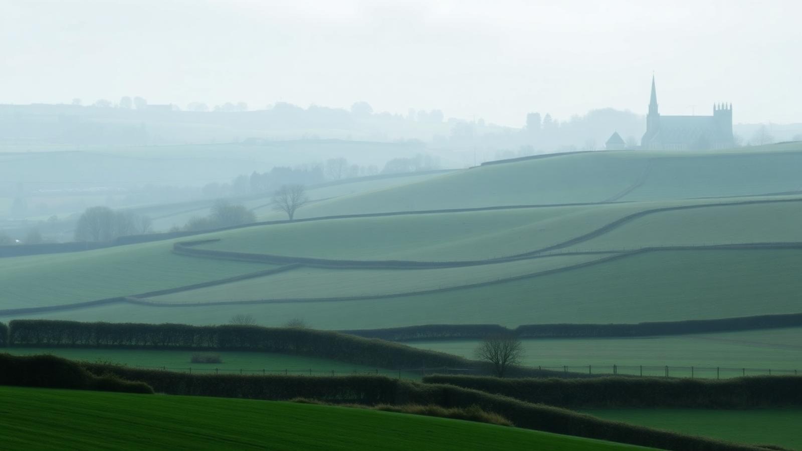 Rolling Shropshire and West Midlands countryside with a distant church spire