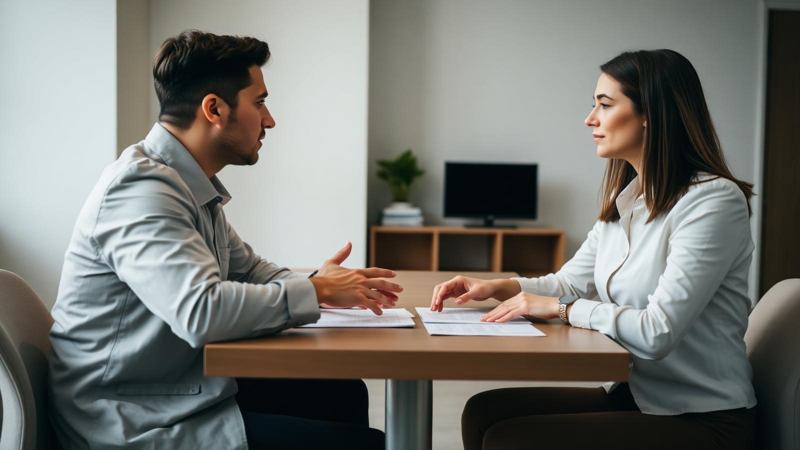 A solicitor and a client discussing bereavement and probate paperwork across a table
