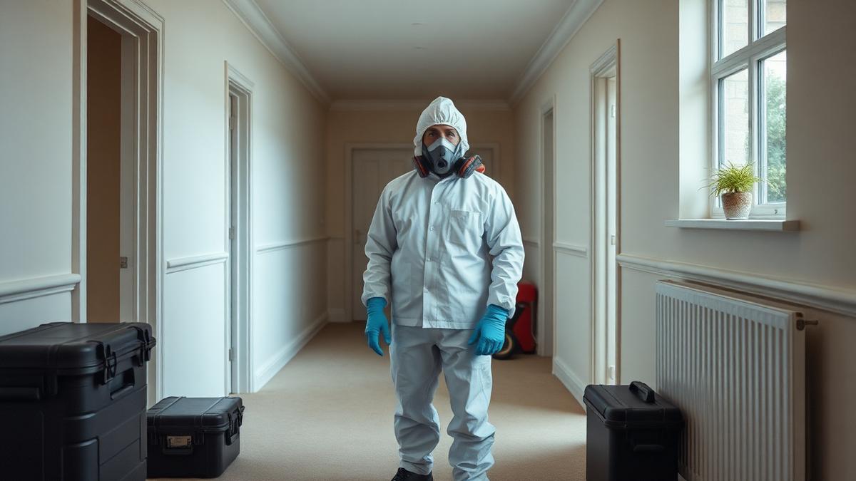 Specialist cleaning technician in protective coverall and respirator in a cleared British house hallway