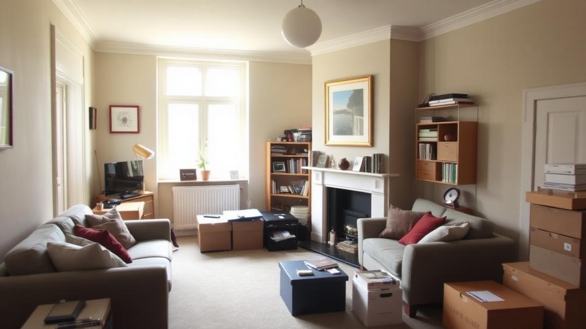 Living room of a modest British terraced house with contents being sorted into boxes