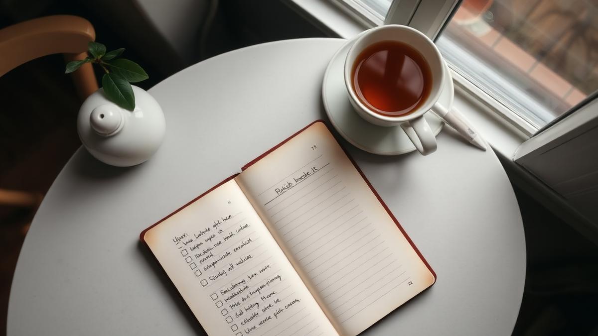 Handwritten checklist notebook, pen and a cup of tea on a kitchen table by a window