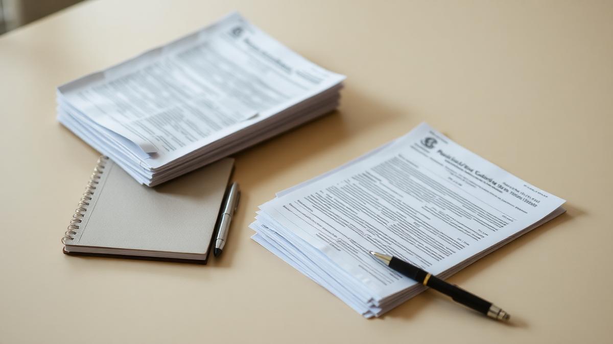 Stack of letters and statements beside a notebook and pen on a table